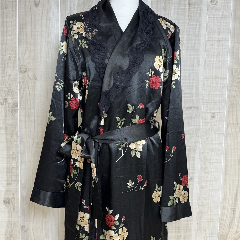 Vtg Adonna Black Floral Satin Robe Duster Lace Trim Long Robe L Boudoir